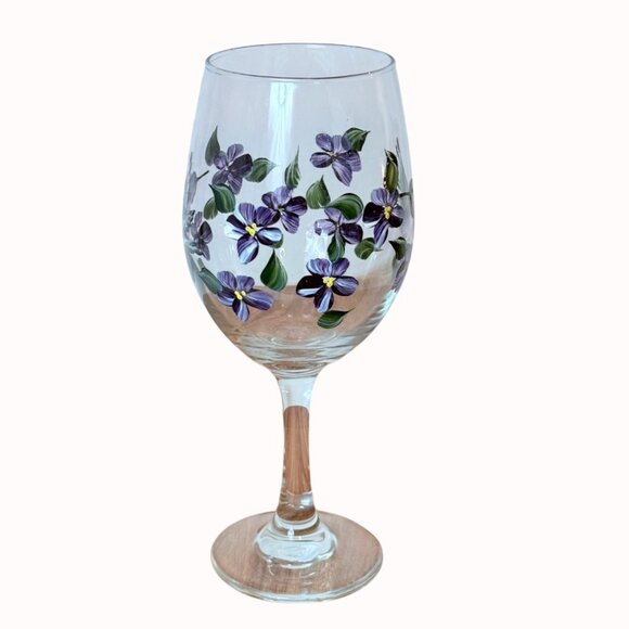 Hand Painted Hummingbird Wine Glass Artistic Purple Violets Stemware Bird Gift - Picture 3 of 14